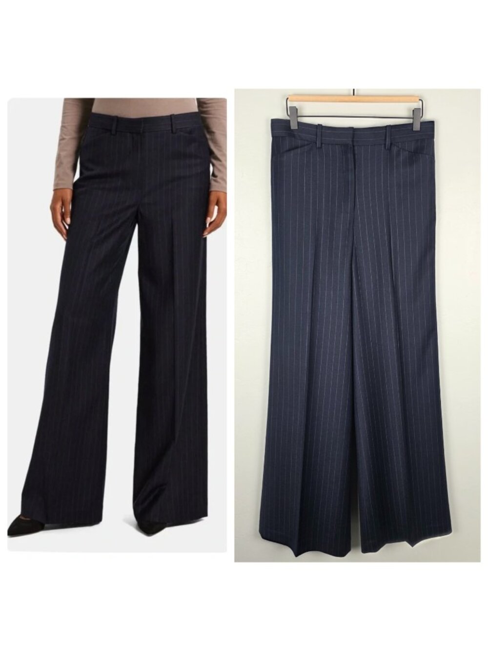 Theory Terena Wide Leg Dress Pants Wool Blend Trousers Pinstripe Navy Size 6